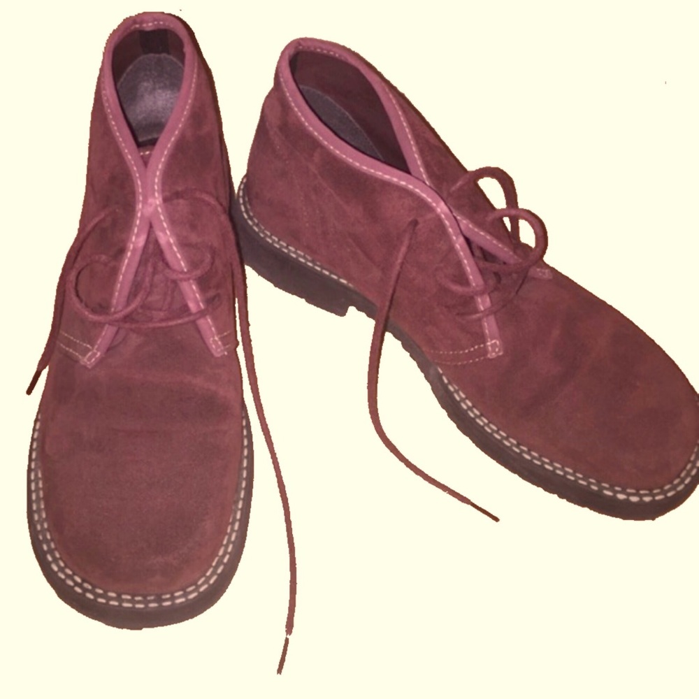 Purple suede chukka boot-inspired lace-up ankle booties